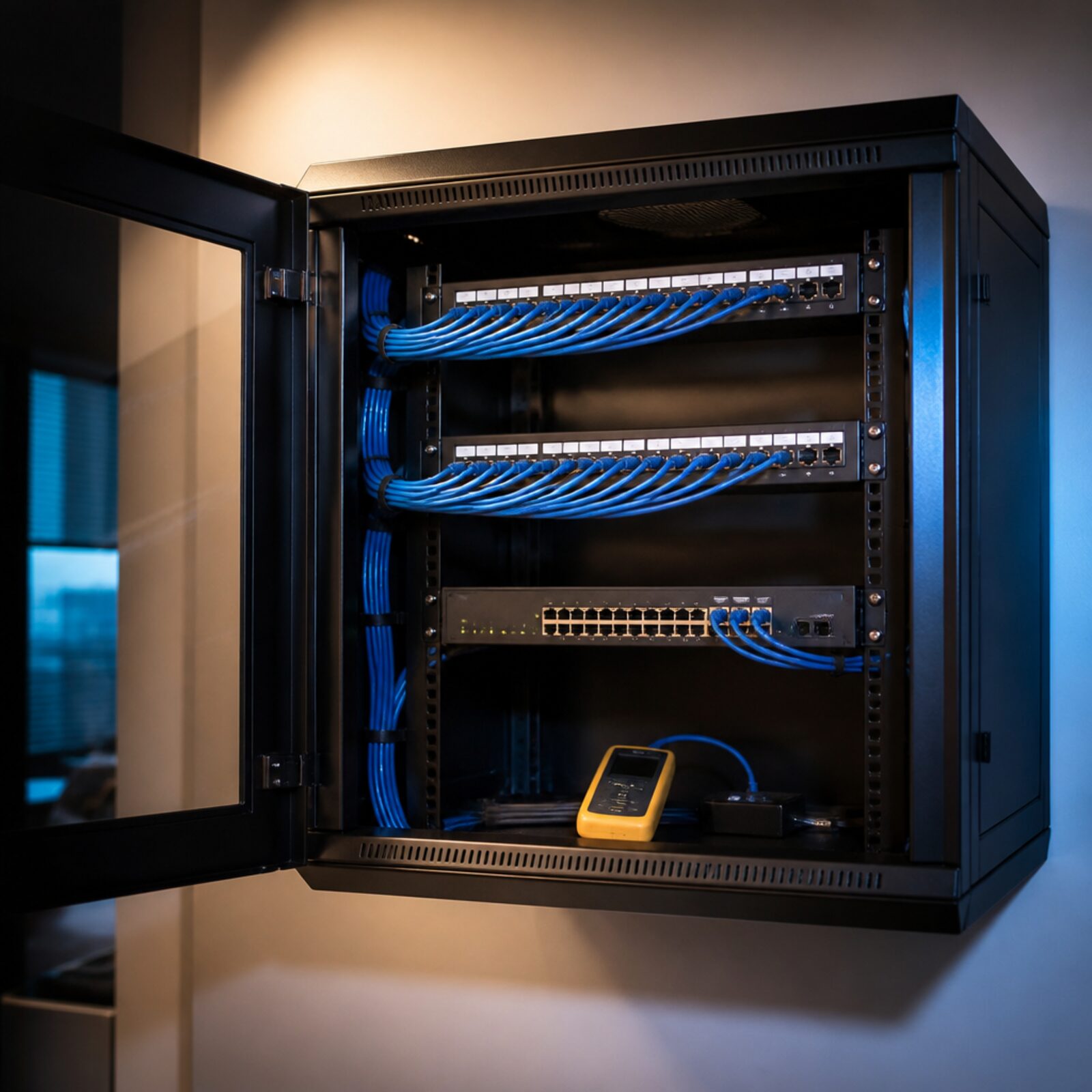 A tidy comms cabinet starts with the outlet plan — Professional Services / Office use case